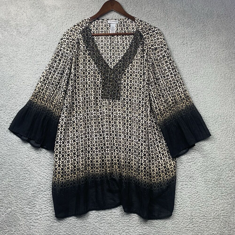 Catherines Shirt Womens 2X Geometric Ombre Embellished Tunic Bell Sleeves